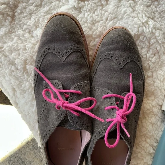 Cole Haan Women's Taupe Suede Loafers with Pink Laces - Picture 2 of 4